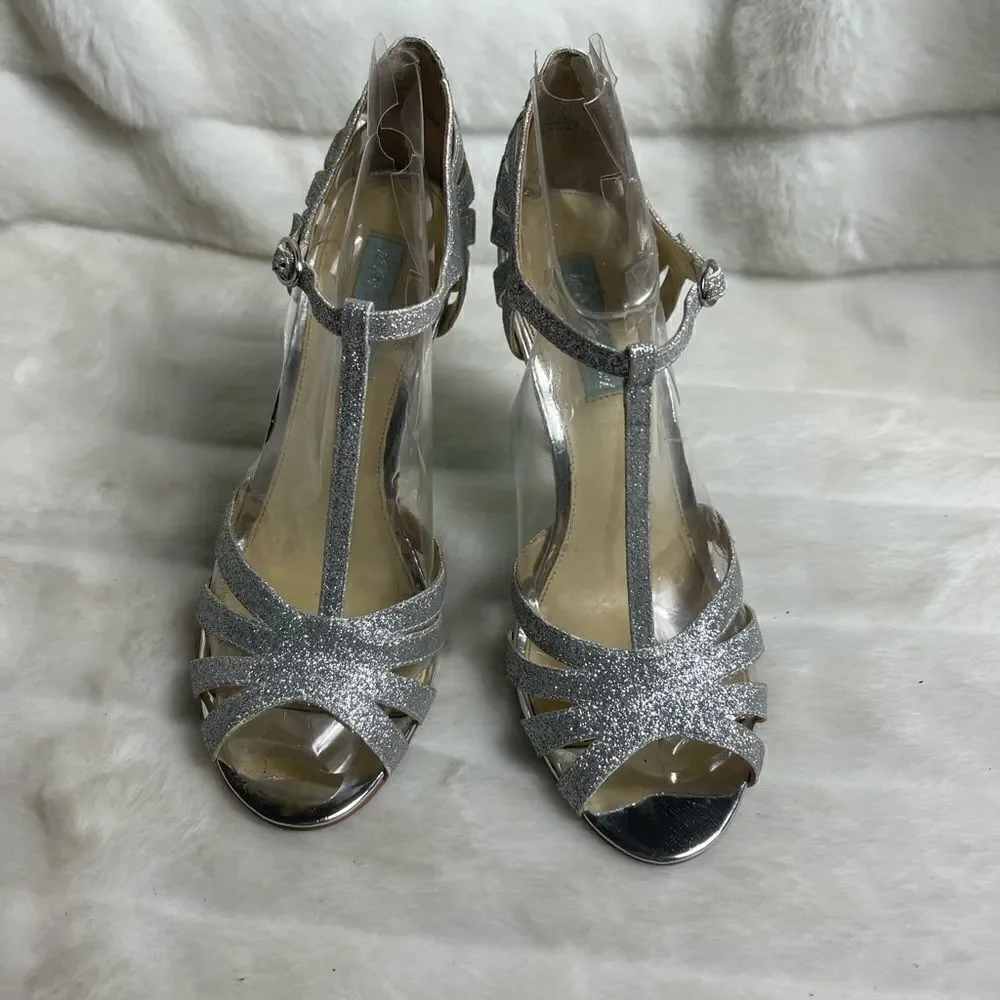Betsey Johnson Blue silver glitter T strap sandals open toe ankle strap …
